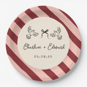 Whimsical Red and Blush Pink Striped Wedding Paper Plate