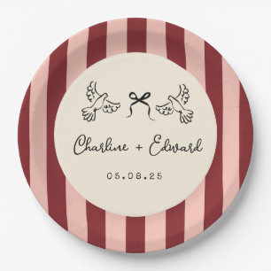 Whimsical Red and Blush Pink Striped Wedding Paper Plate