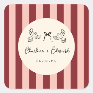 Whimsical Red and Blush Pink Striped Wedding Square Sticker
