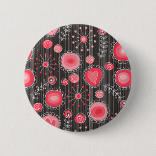 Whimsical red and grey hearts and flowers floral 6 cm round badge