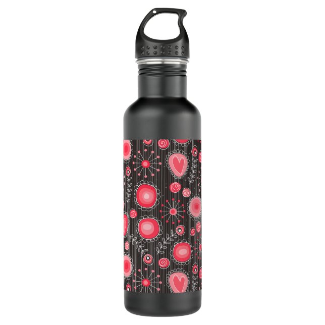 Whimsical red and grey hearts and flowers floral 710 ml water bottle (Front)