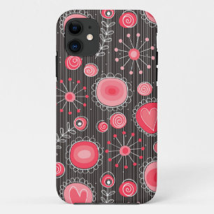 Whimsical red and grey hearts and flowers floral iPhone 11 case