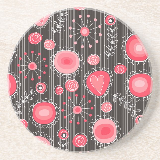 Whimsical red and grey hearts and flowers floral coaster (Front)