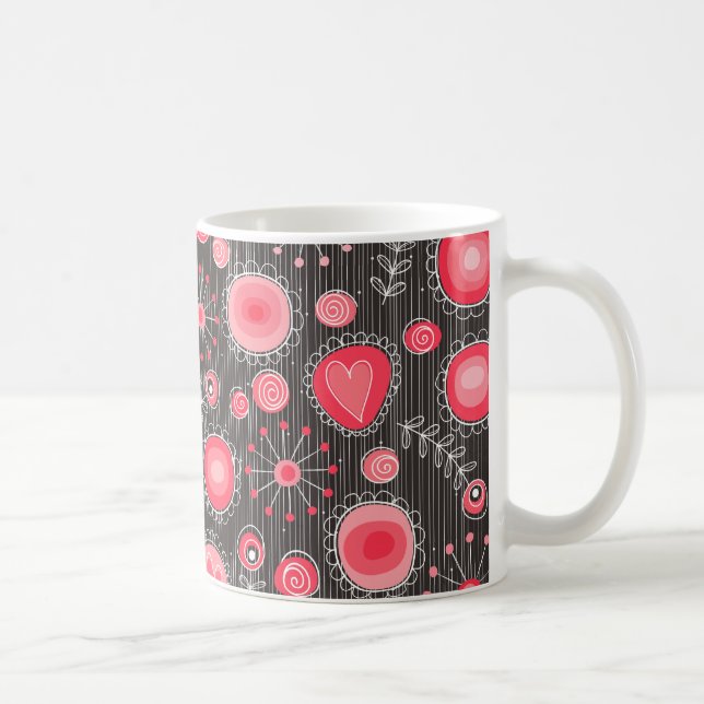 Whimsical red and grey hearts and flowers floral coffee mug (Right)