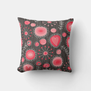 Whimsical red and grey hearts and flowers floral cushion