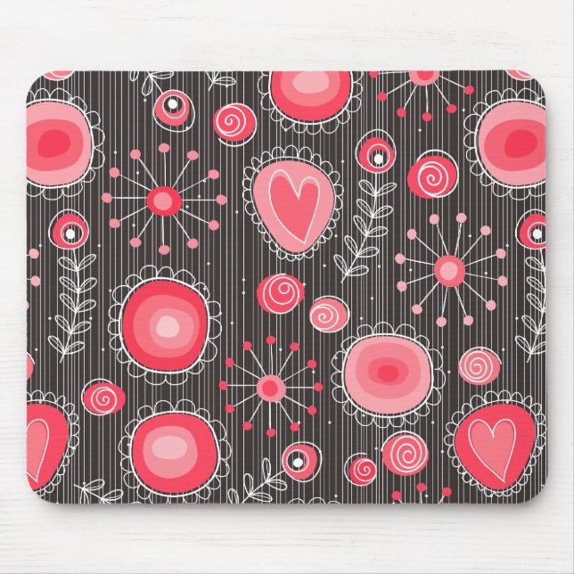Whimsical red and grey hearts and flowers floral mouse mat (Front)