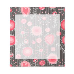 Whimsical red and grey hearts and flowers floral notepad