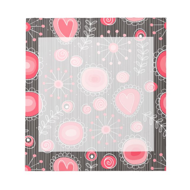 Whimsical red and grey hearts and flowers floral notepad (Front)