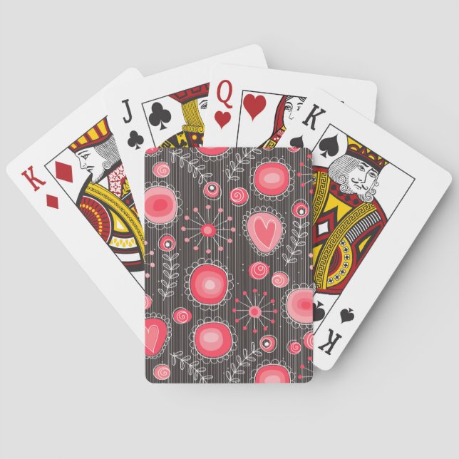Whimsical red and grey hearts and flowers floral playing cards (Back)