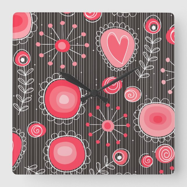 Whimsical red and grey hearts and flowers floral square wall clock (Front)