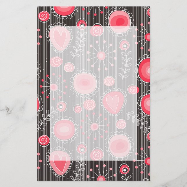 Whimsical red and grey hearts and flowers floral stationery (Front)