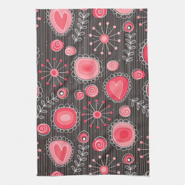Whimsical red and grey hearts and flowers floral tea towel (Vertical)