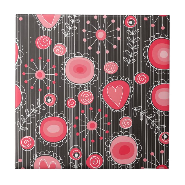 Whimsical red and grey hearts and flowers floral tile (Front)