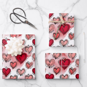 Whimsical Red and Pink Hearts Valentine's Wrapping Paper Sheet
