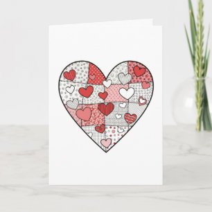 Whimsical Red and Pink Patchwork Heart Collage Art Card