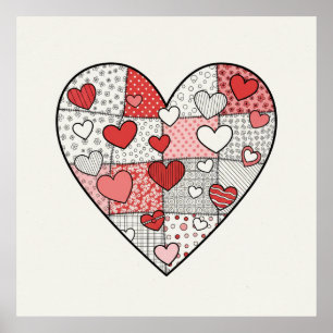 Whimsical Red and Pink Patchwork Heart Collage Art Poster