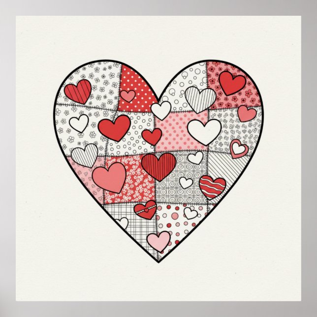 Whimsical Red and Pink Patchwork Heart Collage Art Poster (Front)