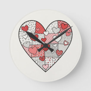 Whimsical Red and Pink Patchwork Heart Collage Art Round Clock