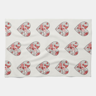 Whimsical Red and Pink Patchwork Heart Collage Art Tea Towel