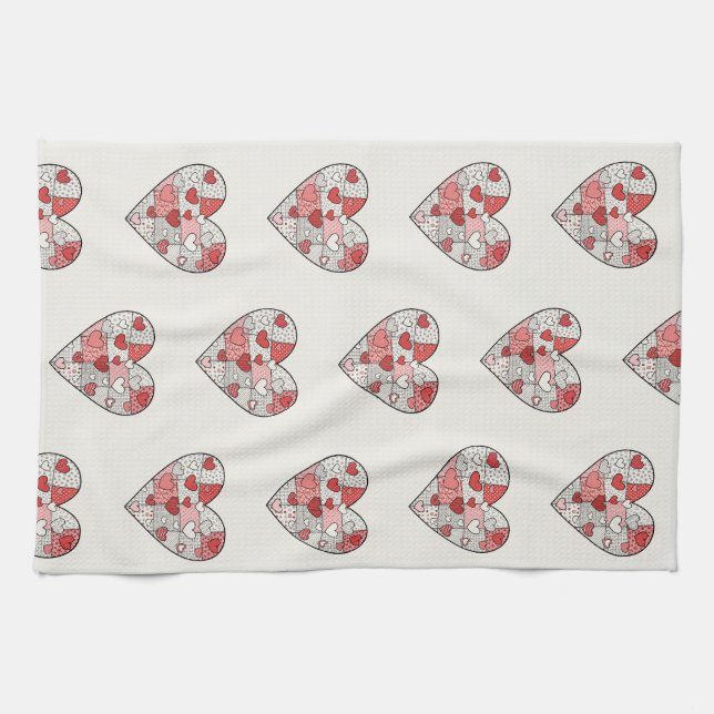 Whimsical Red and Pink Patchwork Heart Collage Art Tea Towel (Horizontal)