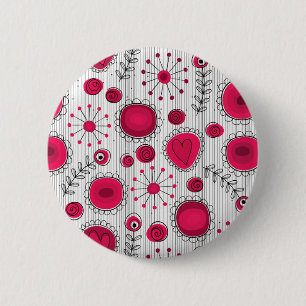 Whimsical red and white hearts and flowers floral 6 cm round badge