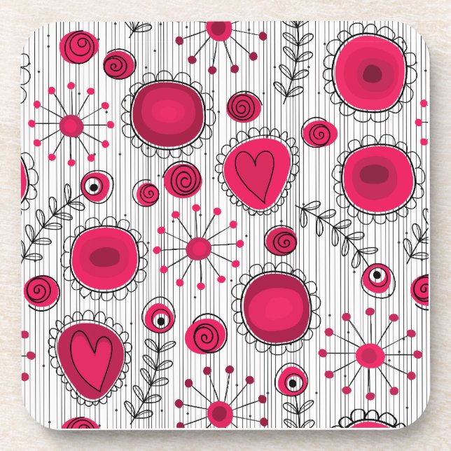 Whimsical red and white hearts and flowers floral coaster (Front)