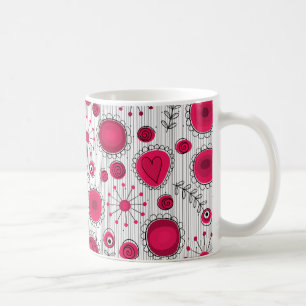 Whimsical red and white hearts and flowers floral coffee mug