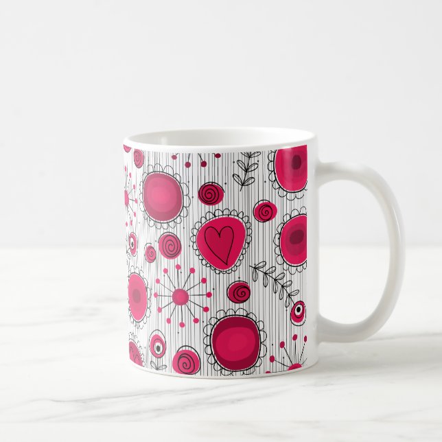 Whimsical red and white hearts and flowers floral coffee mug (Right)