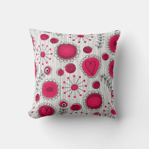 Whimsical red and white hearts and flowers floral cushion