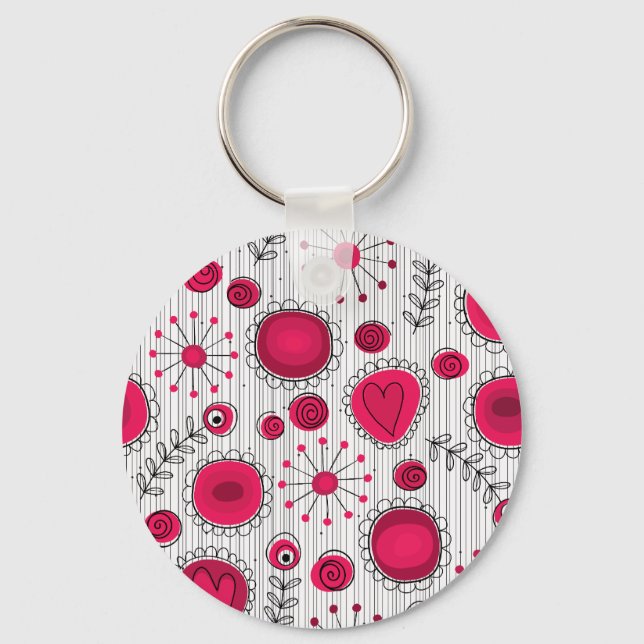 Whimsical red and white hearts and flowers floral key ring (Front)