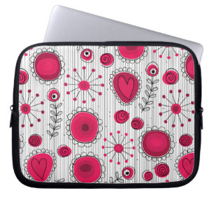 Whimsical red and white hearts and flowers floral laptop sleeve