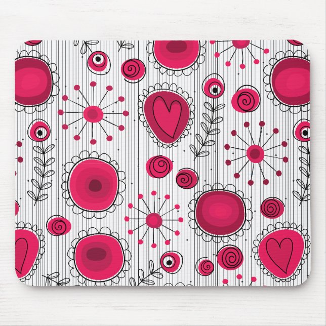 Whimsical red and white hearts and flowers floral mouse mat (Front)