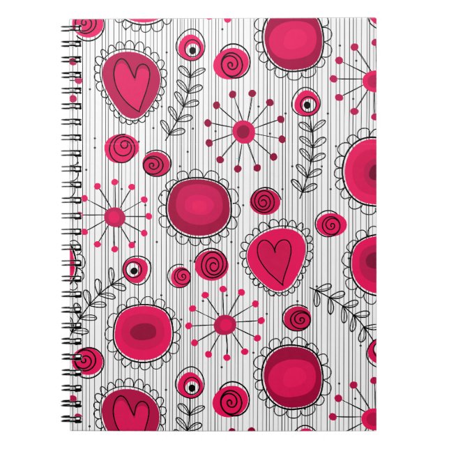 Whimsical red and white hearts and flowers floral notebook (Front)