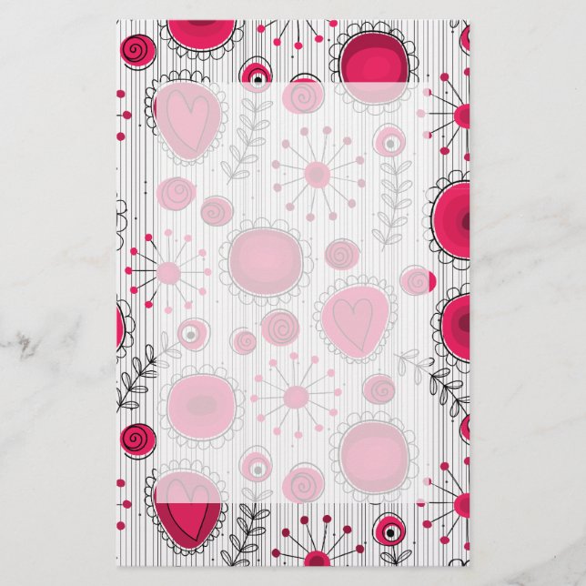 Whimsical red and white hearts and flowers floral stationery (Front)