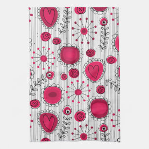 Whimsical red and white hearts and flowers floral tea towel