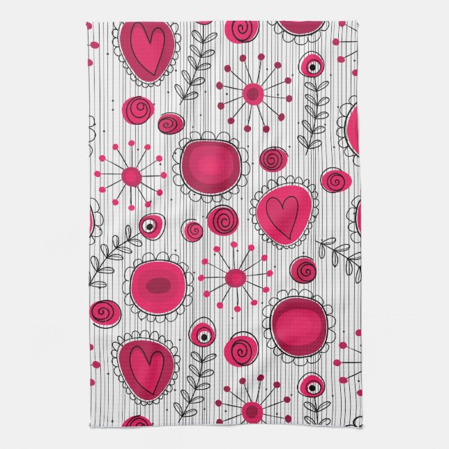 Whimsical red and white hearts and flowers floral tea towel (Vertical)