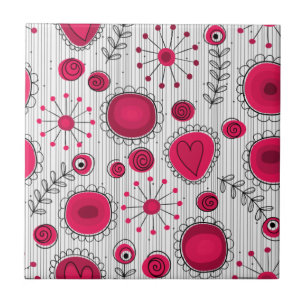 Whimsical red and white hearts and flowers floral tile