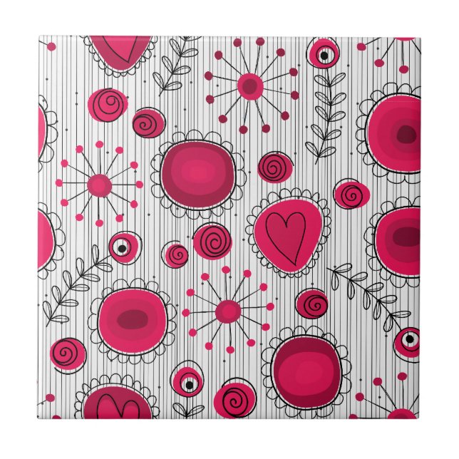Whimsical red and white hearts and flowers floral tile (Front)