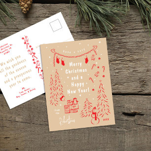 Whimsical Red & Beige Christmas Scene Postcard
