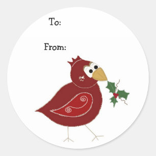Whimsical Red Bird with Sprig of Holly Classic Round Sticker