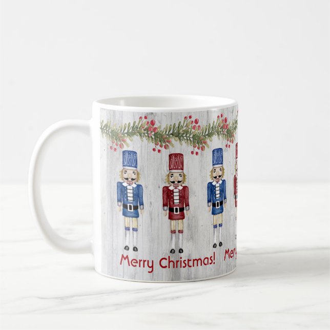 Whimsical Red Blue Nutcrackers Merry Christmas Coffee Mug (Left)