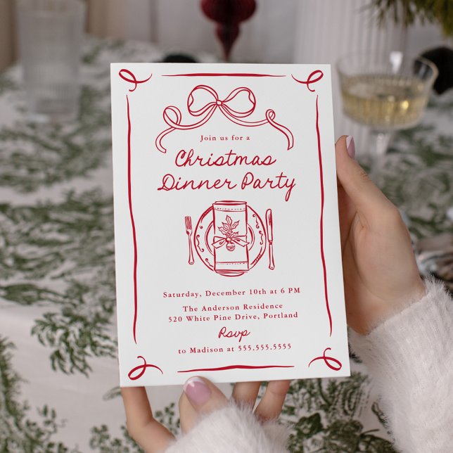 Whimsical Red Bow Christmas Dinner Party Invitation (Creator Uploaded)