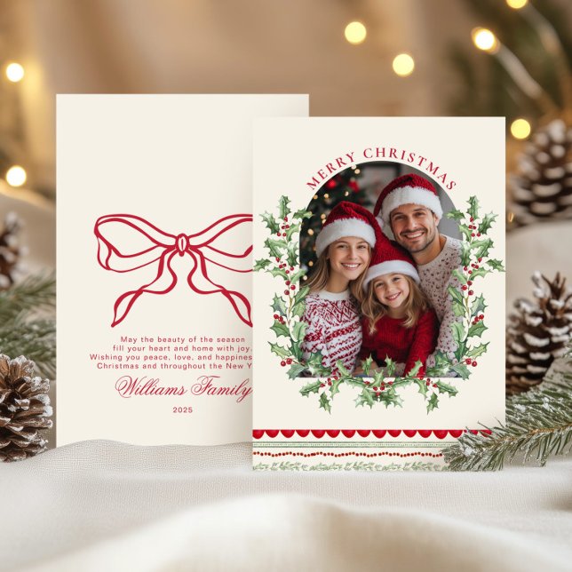 Whimsical Red Bow Family Photo Classic Holiday Card (Creator Uploaded)