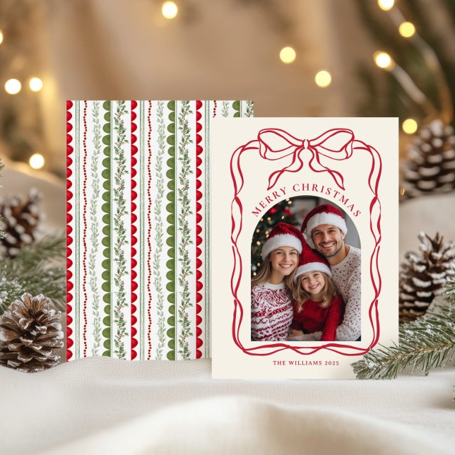 Whimsical Red Bow Frame Family Photo Christmas Holiday Card (Creator Uploaded)
