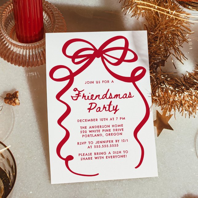 Whimsical Red Bow Friendsmas Christmas Party Invitation (Creator Uploaded)