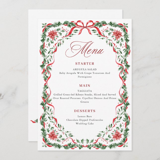 Whimsical Red Bow Printable Christmas Menu Card (Front/Back)