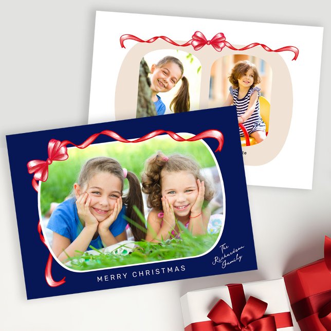 Whimsical Red Bow Ribbon 3 Photos Christmas Holiday Card (Creator Uploaded)
