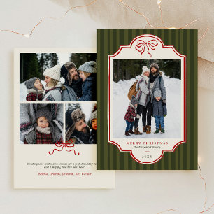 Whimsical Red Bow Striped Multi Photo Christmas Holiday Card