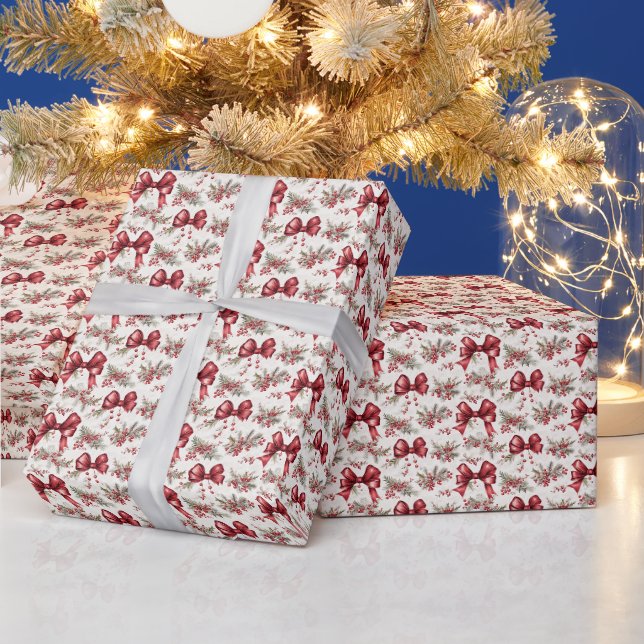 Whimsical Red Bows & Festive Foliage  Wrapping Paper (Holidays)