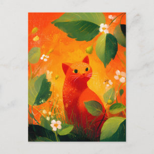 Whimsical Red Cat Wildflower Garden Announcement Postcard